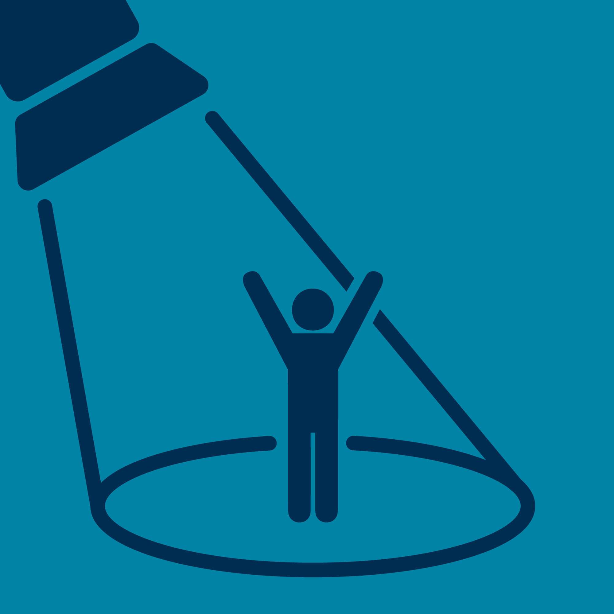 A graphic of a person with arms raised in achievement in a spotlight