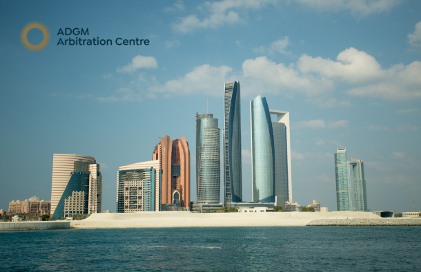 A photo of Abu Dhabi with the logo of Abu Dhabi Global Market (ADGM) Arbitration Centre over the top of one corner